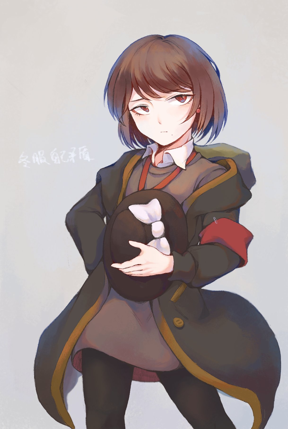 1girl, bangs, black_coat, black_headwear, black_pantyhose, bow, brown_dress, brown_eyes