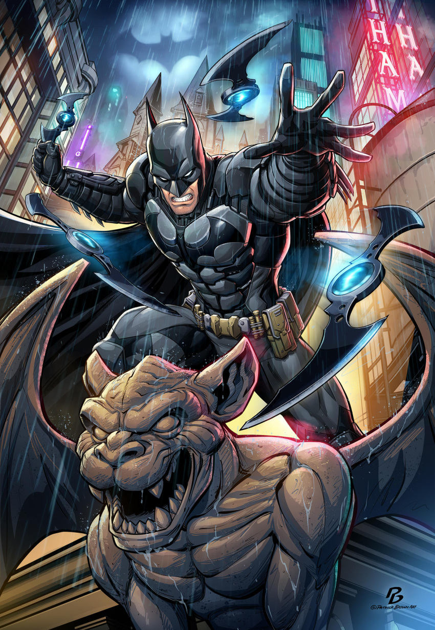 1boy, artist_name, bat_signal, batarang, batman, batman:_arkham_knight, batman_(series), belt, black_cape, cape, city, city_lights, clenched_teeth, dc_comics, gargoyle_statue, gotham, highres, letter, male_focus, mask, night, patrick_brown, rain, solo, statue, superhero, teeth