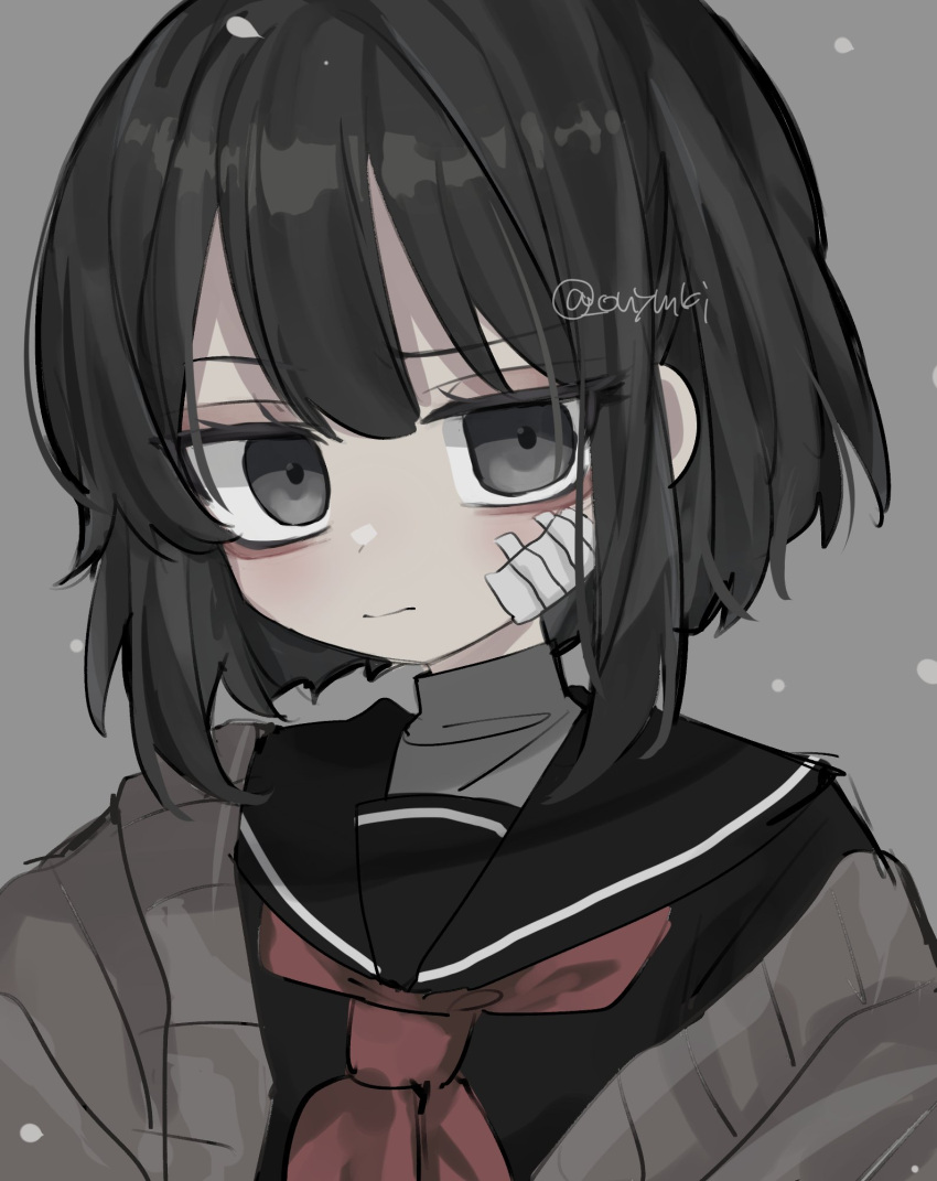 1girl, bags_under_eyes, bandage_on_face, bandages, bangs, black_eyes, black_hair, black_sailor_collar