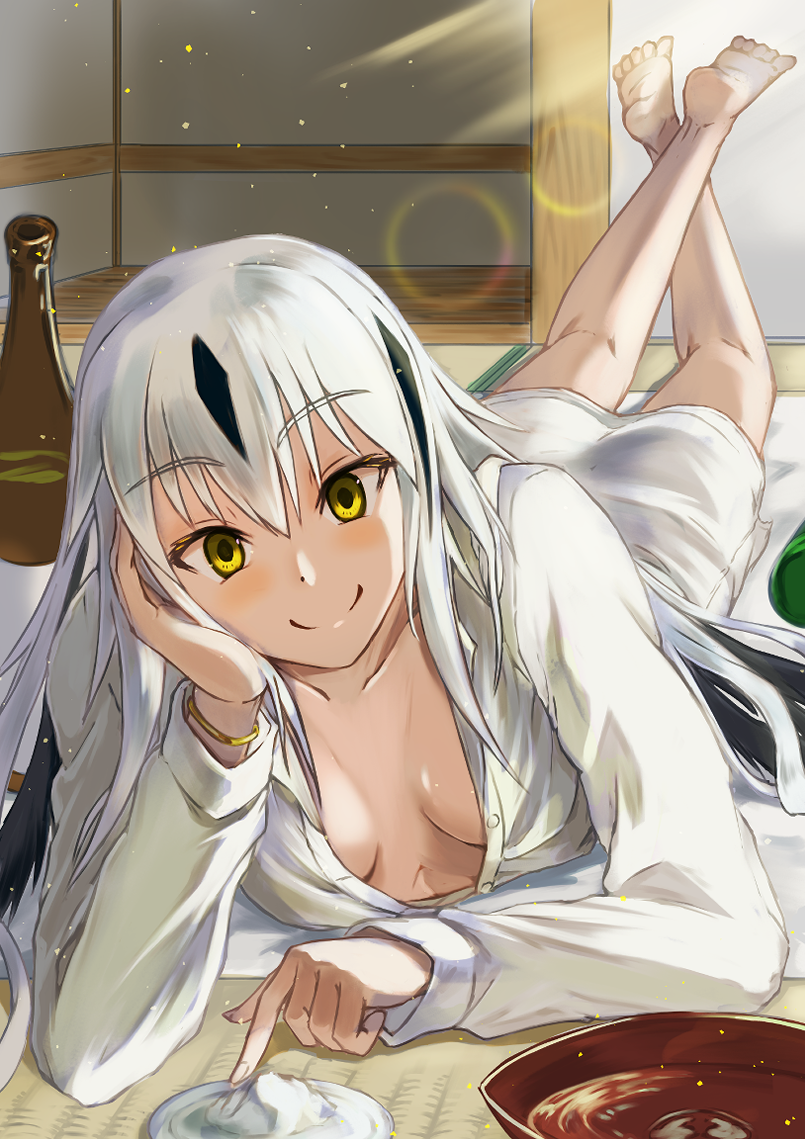 1girl, barefoot, blush, bottle, bracelet, breasts, fate/grand_order, fate_(series)