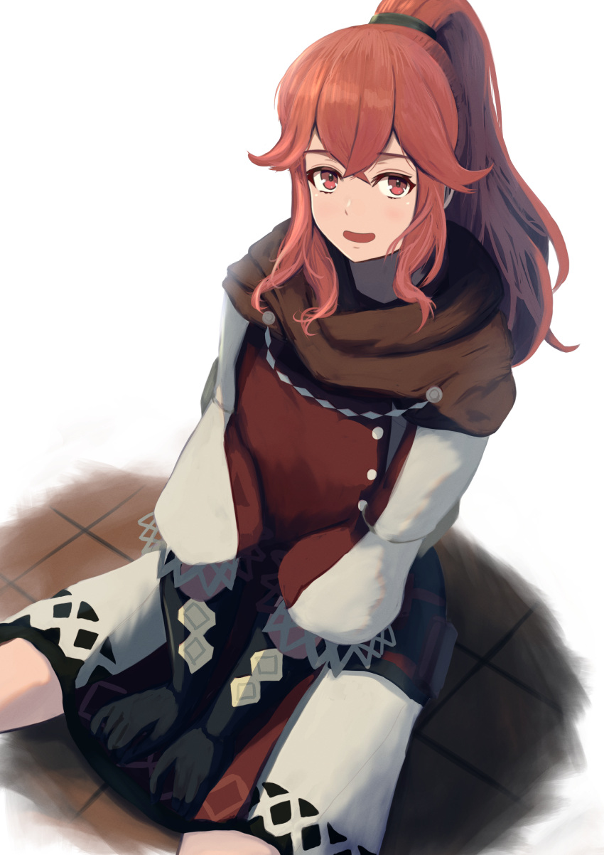 1girl, anna_(fire_emblem), bangs, between_legs, black_gloves, brown_scarf, brown_tabard, crossed_bangs, dress, fire_emblem, fire_emblem_engage, gloves, hair_between_eyes, hand_between_legs, highres, labebebe_lee, long_hair, open_mouth, ponytail, puffy_sleeves, red_eyes, redhead, scarf, sitting, smile, solo, tabard, tile_floor, tiles, v_arms, white_dress