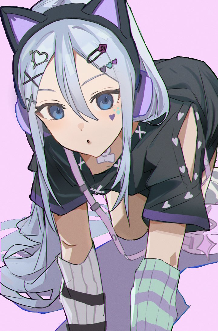 1girl, :o, \r\n, all_fours, animal_ear_headphones, animal_ears, arm_warmers, bag, black_shirt, blue_eyes, cat_ear_headphones, chromatic_aberration, clothing_cutout, commentary, facial_mark, fake_animal_ears, grey_hair, hair_ornament, hair_spread_out, headphones, heart, heart_facial_mark, heart_hair_ornament, light_blush, long_hair, looking_at_viewer, mgc52003625, mismatched_arm_warmers, negai_wa_itsuka_asa_wo_koete_(project_sekai), official_alternate_costume, on_ground, parted_lips, pink_background, pink_bag, project_sekai, purple_background, purple_bag, shadow, shirt, short_sleeves, shoulder_bag, shoulder_cutout, simple_background, solo, striped_arm_warmers, very_long_hair, x_hair_ornament, yoisaki_kanade