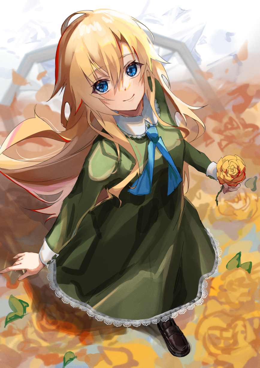 1girl, blonde_hair, blue_eyes, brown_footwear, cococo_moru, dress, flower, green_dress, hair_between_eyes, highres, holding, holding_flower, ib, long_hair, long_sleeves, looking_at_viewer, mary_(ib), shoes, smile, yellow_flower