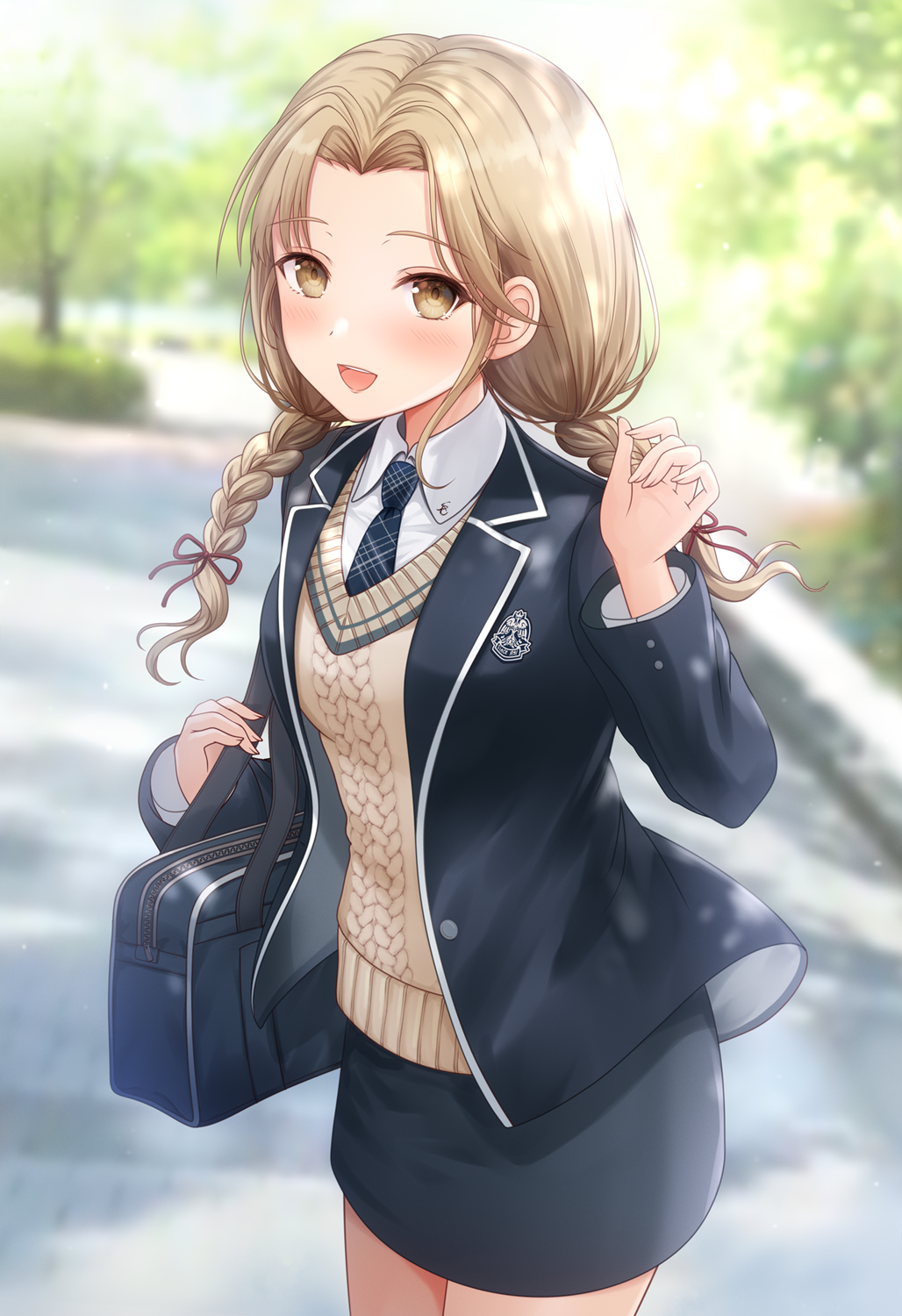 1girl, :d, alternate_costume, bag, black_jacket, black_skirt, blazer, blush