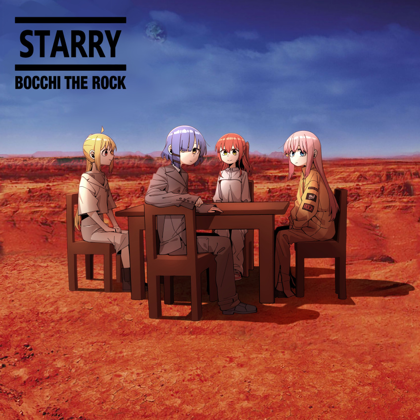 4girls, absurdres, ahoge, album_cover, album_cover_redraw, asymmetrical_sidelocks, bangs, between_legs