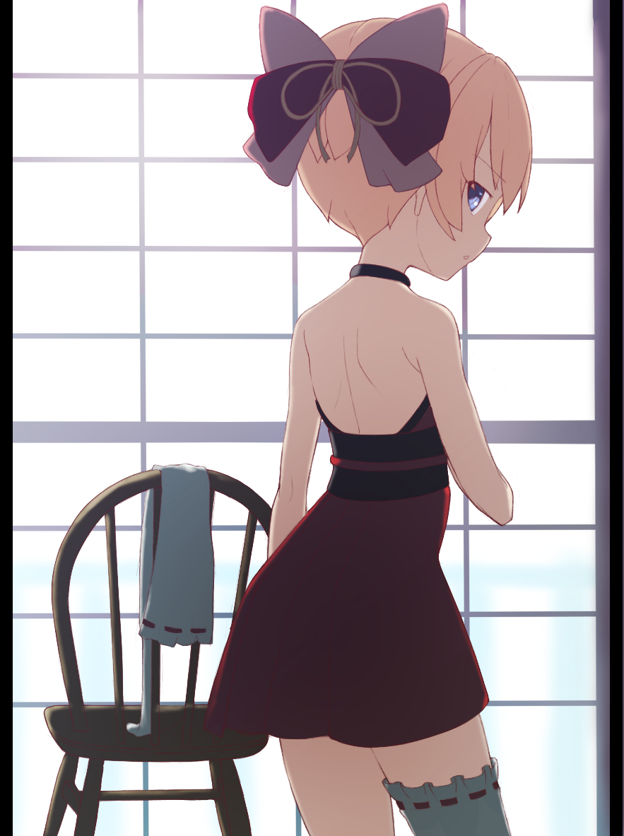 1girl, alternate_hairstyle, back, backlighting, black_bow, black_dress, blanc_(neptune_series), blonde_hair