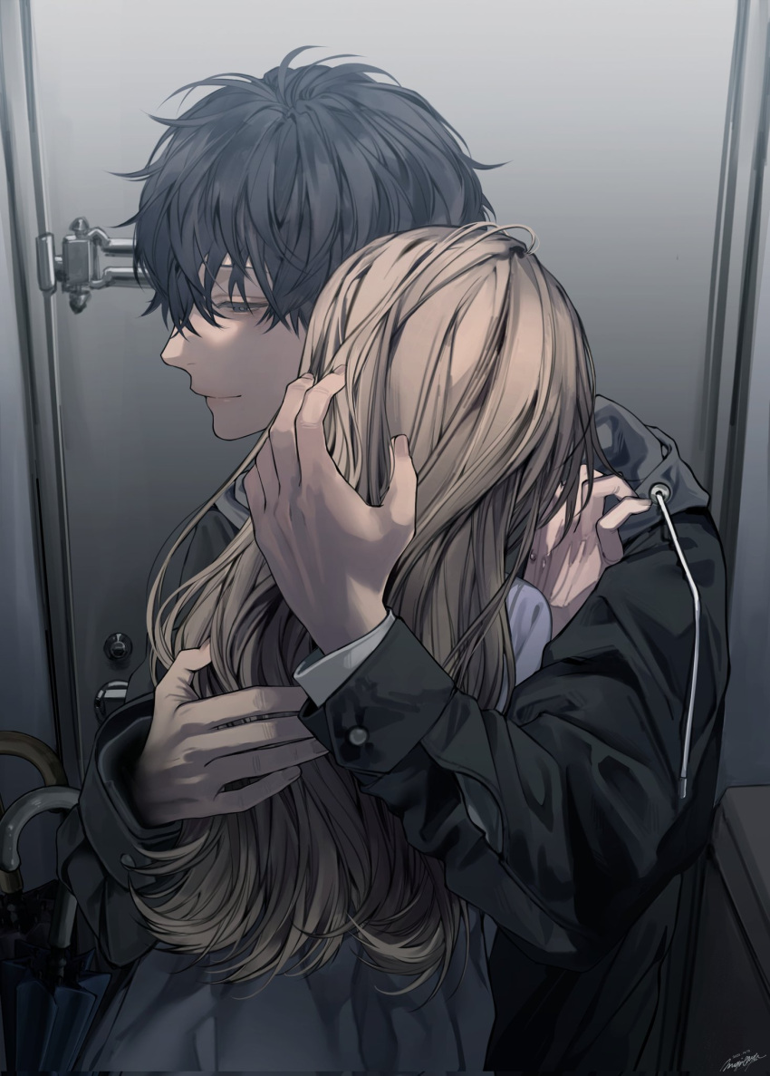1boy, 1girl, black_eyes, black_hair, black_jacket, blonde_hair, comforting, commentary_request, door, hand_in_another's_hair, highres, hood, hood_down, hug, jacket, long_hair, long_sleeves, mugi_oyasumi, original, short_hair, signature, smile