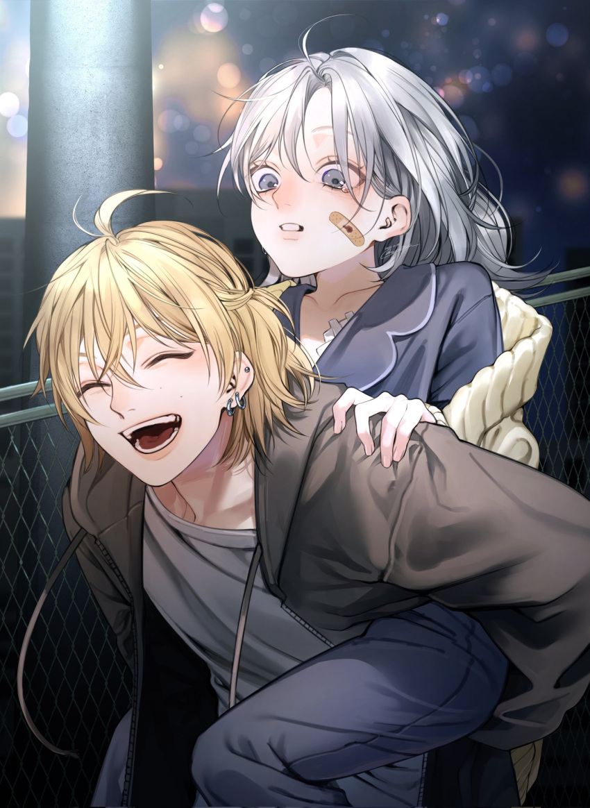 1boy, 1girl, ^_^, ahoge, bandaid, bandaid_on_face, blonde_hair, blue_eyes, blurry, blurry_background, brown_hoodie, carrying, closed_eyes, commentary_request, ear_piercing, earrings, gauze, grey_hair, happy, highres, hood, hood_down, hoodie, hospital_gown, jewelry, light_particles, long_hair, looking_at_another, medium_hair, mugi_oyasumi, open_clothes, open_hoodie, open_mouth, original, piercing, piggyback, shirt, tearing_up, teeth, tongue, white_shirt