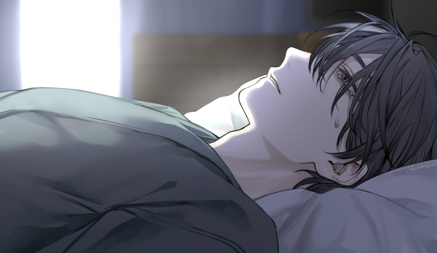1boy, black_eyes, black_hair, blurry, blurry_background, commentary_request, crying, crying_with_eyes_open