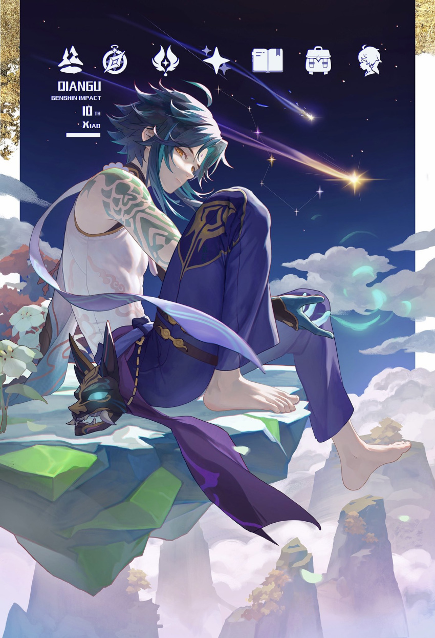 1boy, aether_(genshin_impact), ahoge, arm_tattoo, artist_name, clouds, constellation, facial_mark