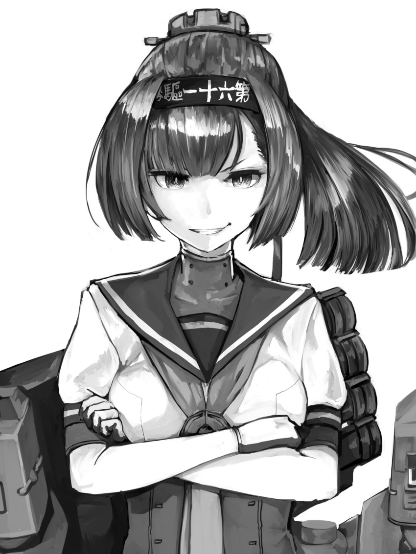 1girl, akizuki_(kancolle), chou-10cm-hou-chan, clothes_writing, crossed_arms, gloves, greyscale, grin