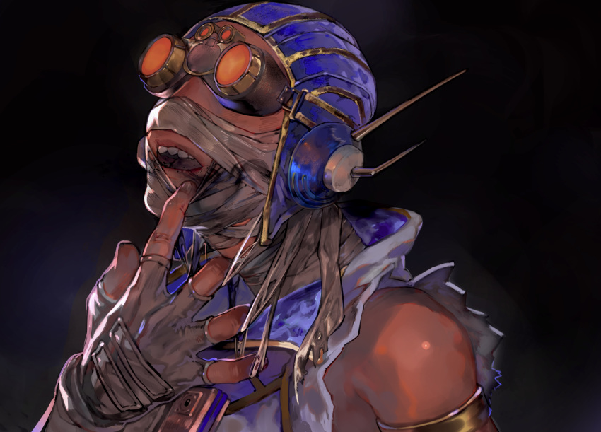 1boy, absurdres, apex_legends, armlet, bandaged_head, bandaged_neck, bandages, fingerless_gloves