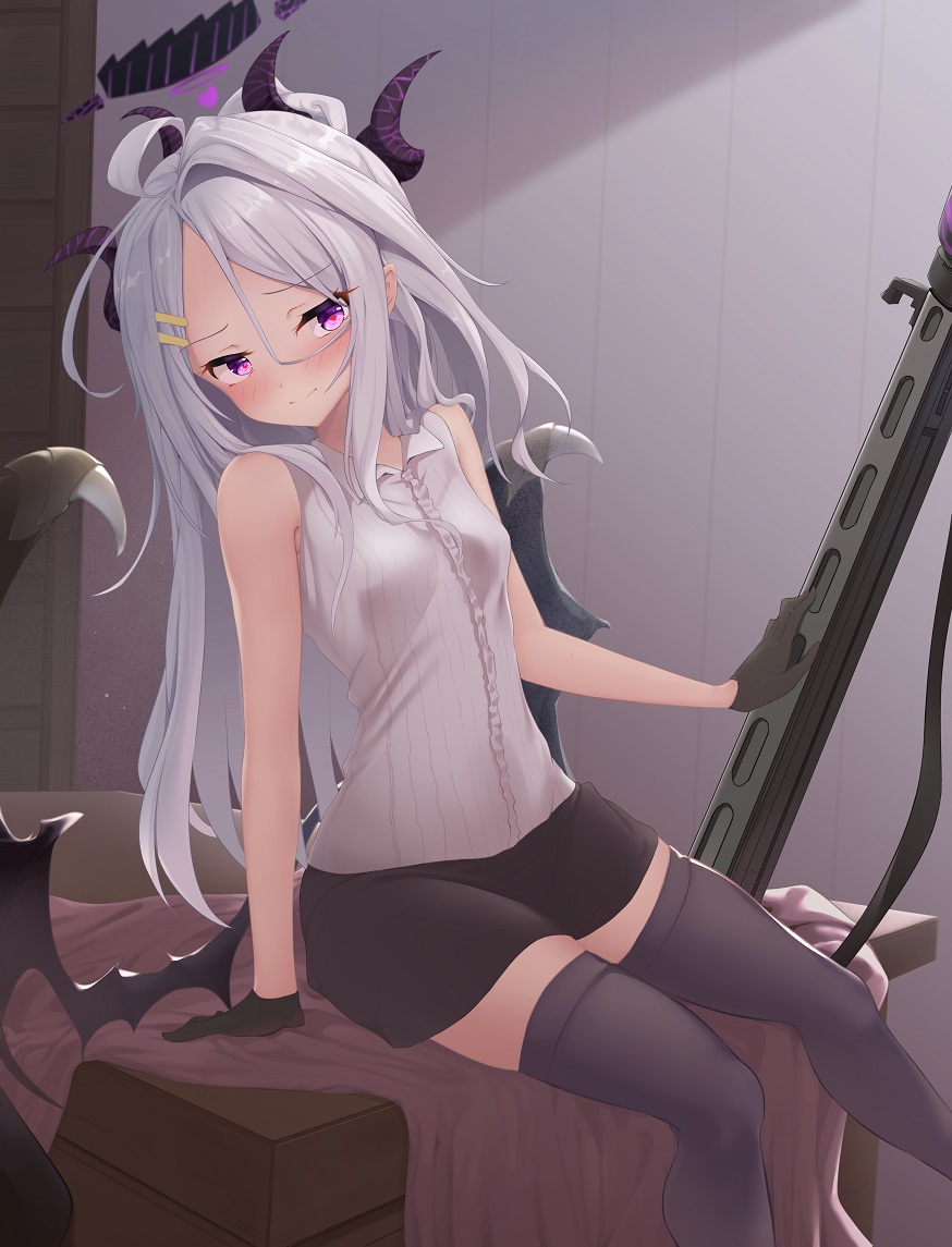 1girl, ahoge, ashfair, bangs, bed, bed_sheet, black_skirt, black_thighhighs