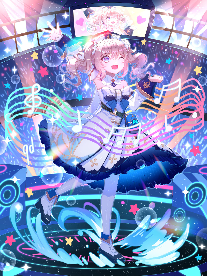 1girl, ;d, absurdres, armpits, bangs, barbara_(genshin_impact), belt, blue_eyes, book, choker, commentary, concert, detached_sleeves, dress, english_commentary, full_body, genshin_impact, hair_between_eyes, hat, heart, highres, light_brown_hair, light_stick, long_hair, long_sleeves, looking_at_viewer, music, musical_note, nun, one_eye_closed, pantyhose, screen, sidelocks, singing, smile, solo, standing, standing_on_one_leg, twintails, viclim-monou, vision_(genshin_impact), waving, white_dress, white_pantyhose