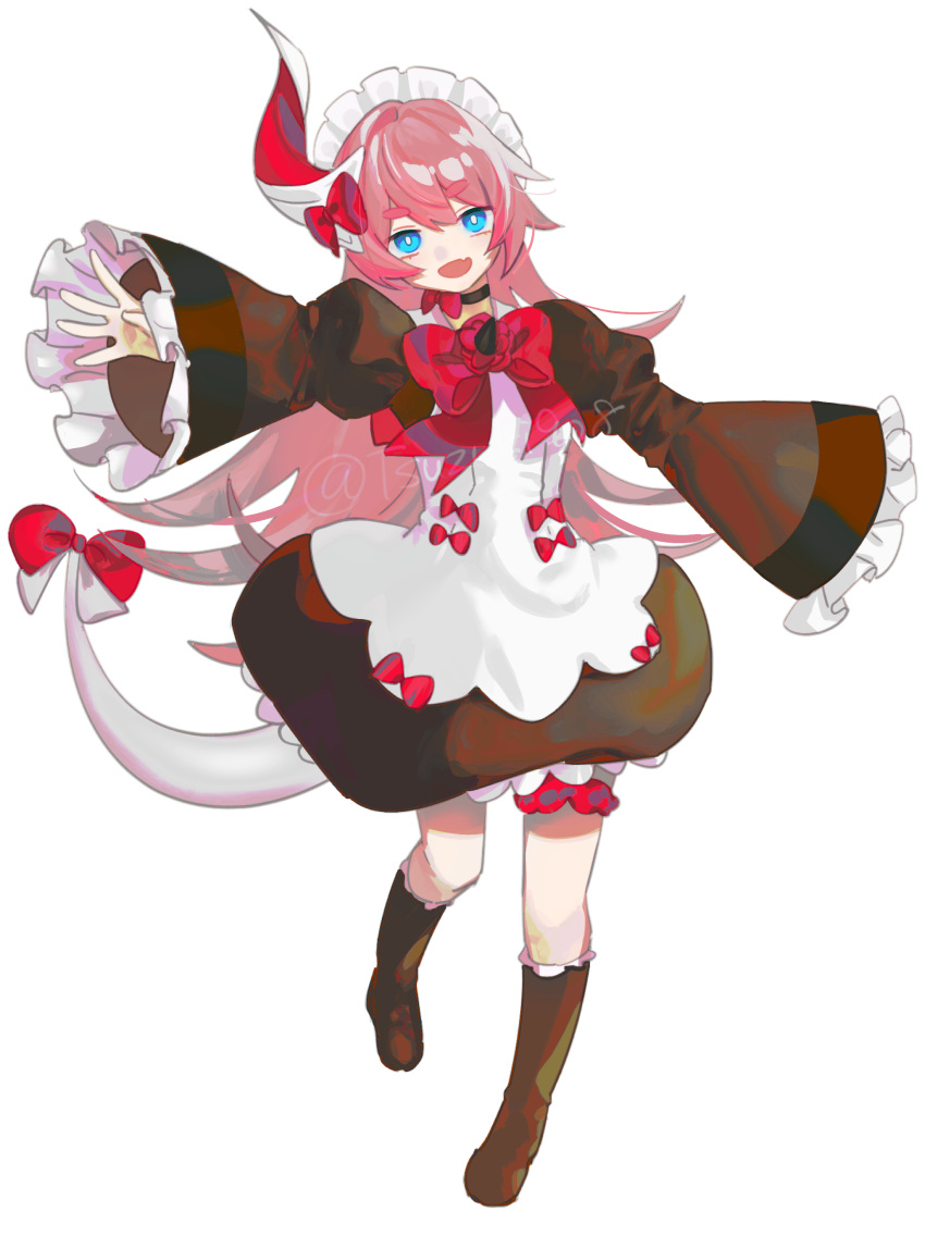 1girl, :d, absurdres, alternate_costume, apron, bangs, black_choker, black_dress