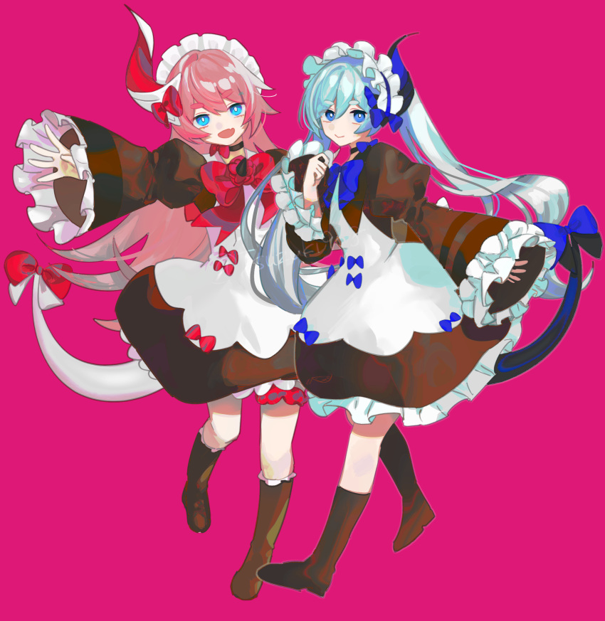 2girls, :d, absurdres, alternate_costume, apron, bangs, black_choker, black_dress