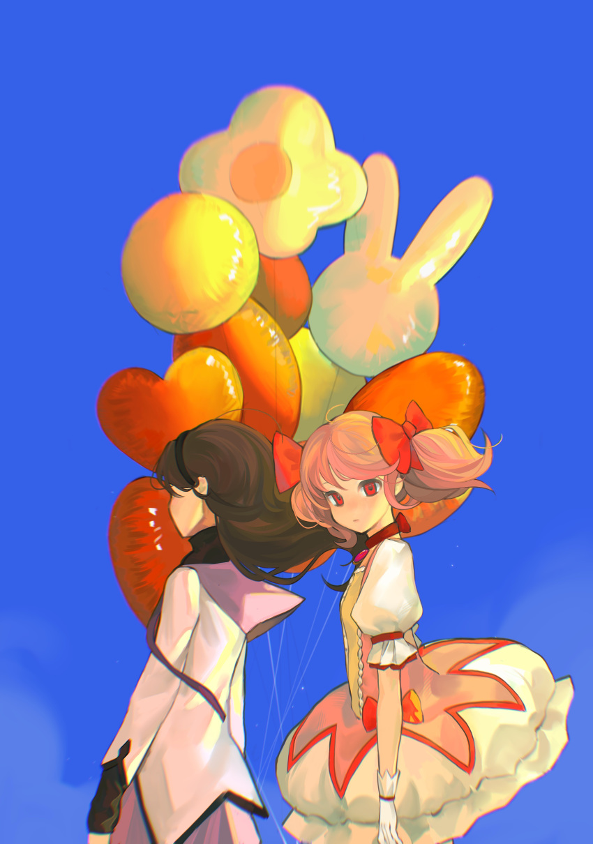 2girls, absurdres, akemi_homura, arm_at_side, balloon, bangs, black_hair, black_hairband, blue_sky, bow, bubble_skirt, bunny_balloon, capelet, chinese_commentary, choker, clouds, commentary_request, cowboy_shot, day, dress, dress_bow, expressionless, floating_hair, from_side, gloves, hair_bow, hairband, highres, jacket, kaname_madoka, long_hair, looking_at_viewer, magical_girl, mahou_shoujo_madoka_magica, multiple_girls, neck_ribbon, outdoors, pink_dress, pink_hair, puffy_short_sleeves, puffy_sleeves, purple_capelet, purple_skirt, red_choker, red_eyes, ribbon, short_hair, short_sleeves, short_twintails, skirt, sky, standing, twintails, white_gloves, white_jacket, white_skirt, wind, woshiaqiao