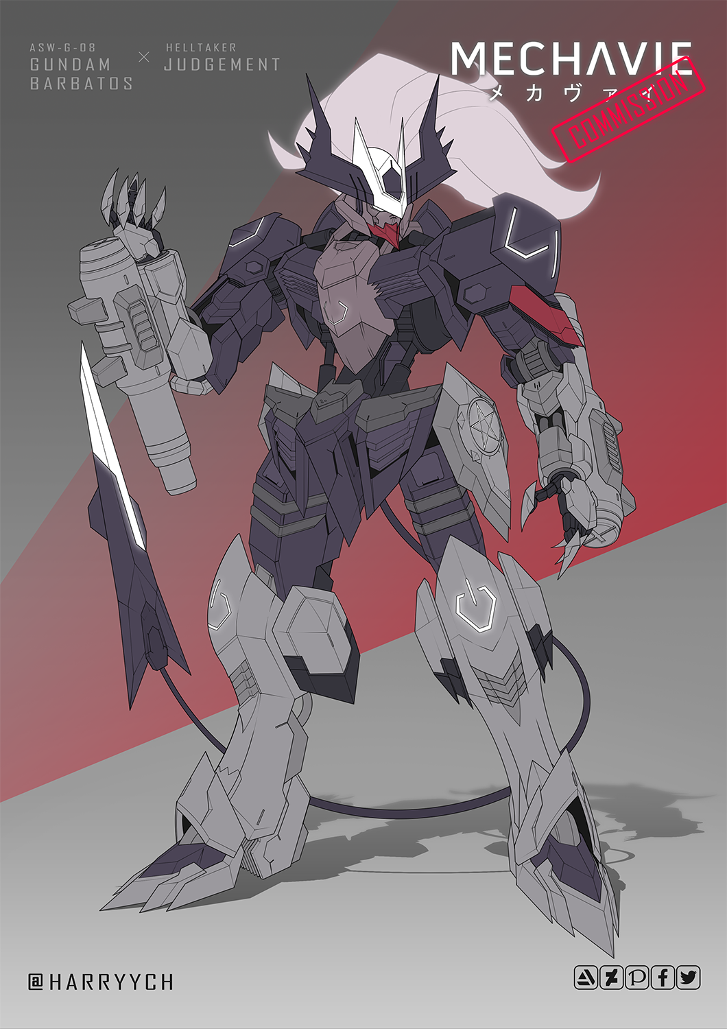 artist_name, artstation_logo, character_name, commentary, crossover, demon_horns, demon_tail, deviantart_logo