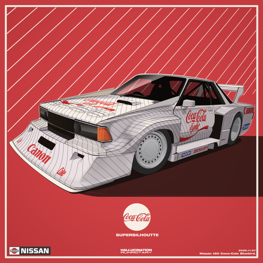 absurdres, canon_(company), car, coca-cola, ground_vehicle, highres, motor_vehicle, nissan, nissan_bluebird, no_humans, original, product_placement, race_vehicle, racecar, run_rotary, sports_car, vehicle_focus