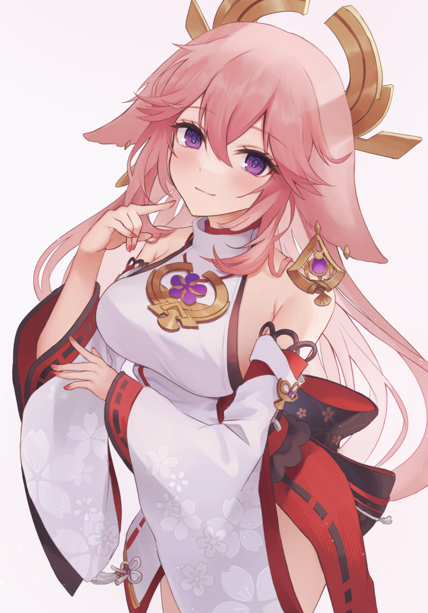 1girl, absurdres, animal_ears, armpit_crease, bangs, bare_shoulders, blush, commentary_request, cowboy_shot, detached_sleeves, earrings, floppy_ears, floral_print, flower_knot, fox_ears, fox_shadow_puppet, genshin_impact, hair_between_eyes, hand_up, highres, japanese_clothes, jewelry, long_hair, long_sleeves, looking_at_viewer, nail_polish, nontraditional_miko, pink_hair, pink_nails, red_skirt, ribbon_trim, shirt, sidelocks, simple_background, sinonomemikann, skirt, sleeveless, sleeveless_shirt, solo, tassel, thighs, turtleneck, violet_eyes, white_background, white_shirt, white_sleeves, wide_sleeves, yae_miko