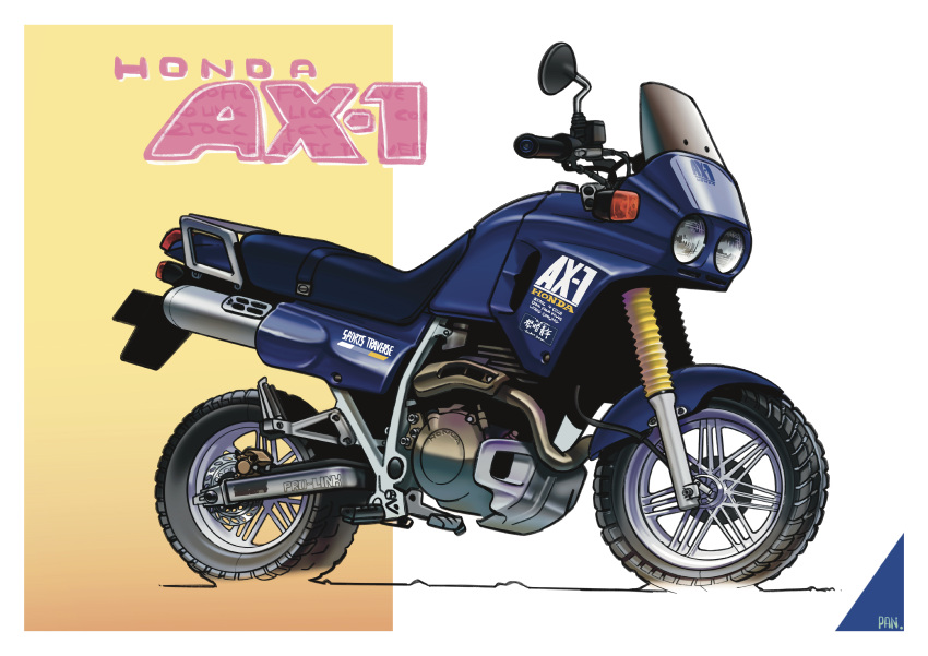 absurdres, artist_name, ax-1, commentary_request, gradient, gradient_background, ground_vehicle, highres, honda, motor_vehicle, motorcycle, no_humans, original, pandagtapex, white_background, yellow_background