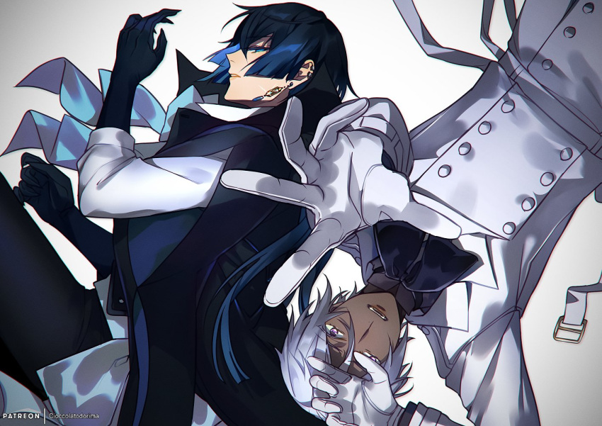 2boys, bangs, black_bow, black_bowtie, black_coat, black_gloves, black_pants, black_shirt, blue_bow, blue_bowtie, blue_eyes, blue_hair, bow, bowtie, buttons, cioccolatodorima, coat, commentary, cowboy_shot, dark-skinned_male, dark_blue_hair, dark_skin, double-breasted, earclip, earrings, english_commentary, from_above, gloves, hair_between_eyes, hourglass, jewelry, long_hair, looking_at_viewer, lying, male_focus, multiple_boys, noe_archiviste, on_back, on_side, pants, parted_lips, popped_collar, profile, reaching_towards_viewer, rotational_symmetry, shirt, short_hair, sideways_glance, simple_background, teeth, upside-down, vanitas_(vanitas_no_carte), vanitas_no_carte, violet_eyes, white_background, white_coat, white_gloves, white_hair, white_shirt, wide_sleeves