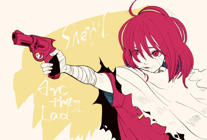 1girl, arc_the_lad, arc_the_lad_iii, bandage_on_face, bandaged_arm, bandages, cheryl_(arc_the_lad), gun