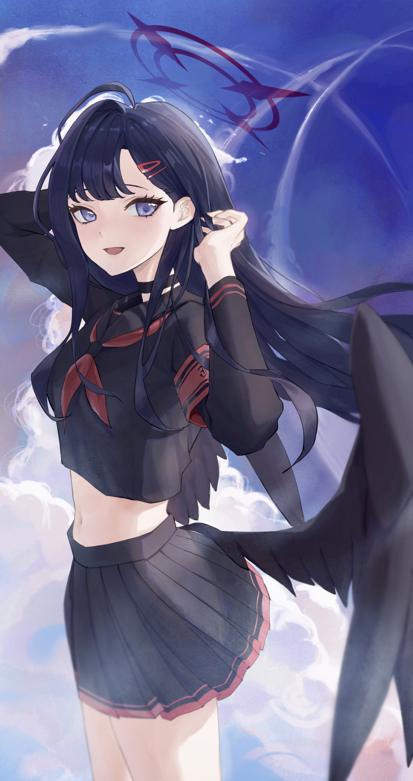 1girl, :d, absurdres, armband, bangs, black_hair, black_wings, blue_archive