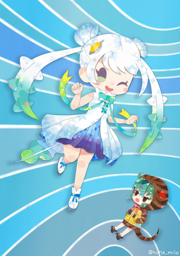 2girls, aqua_hair, blush, dress, geta, gradient_neck_ribbon, hood, hoodie