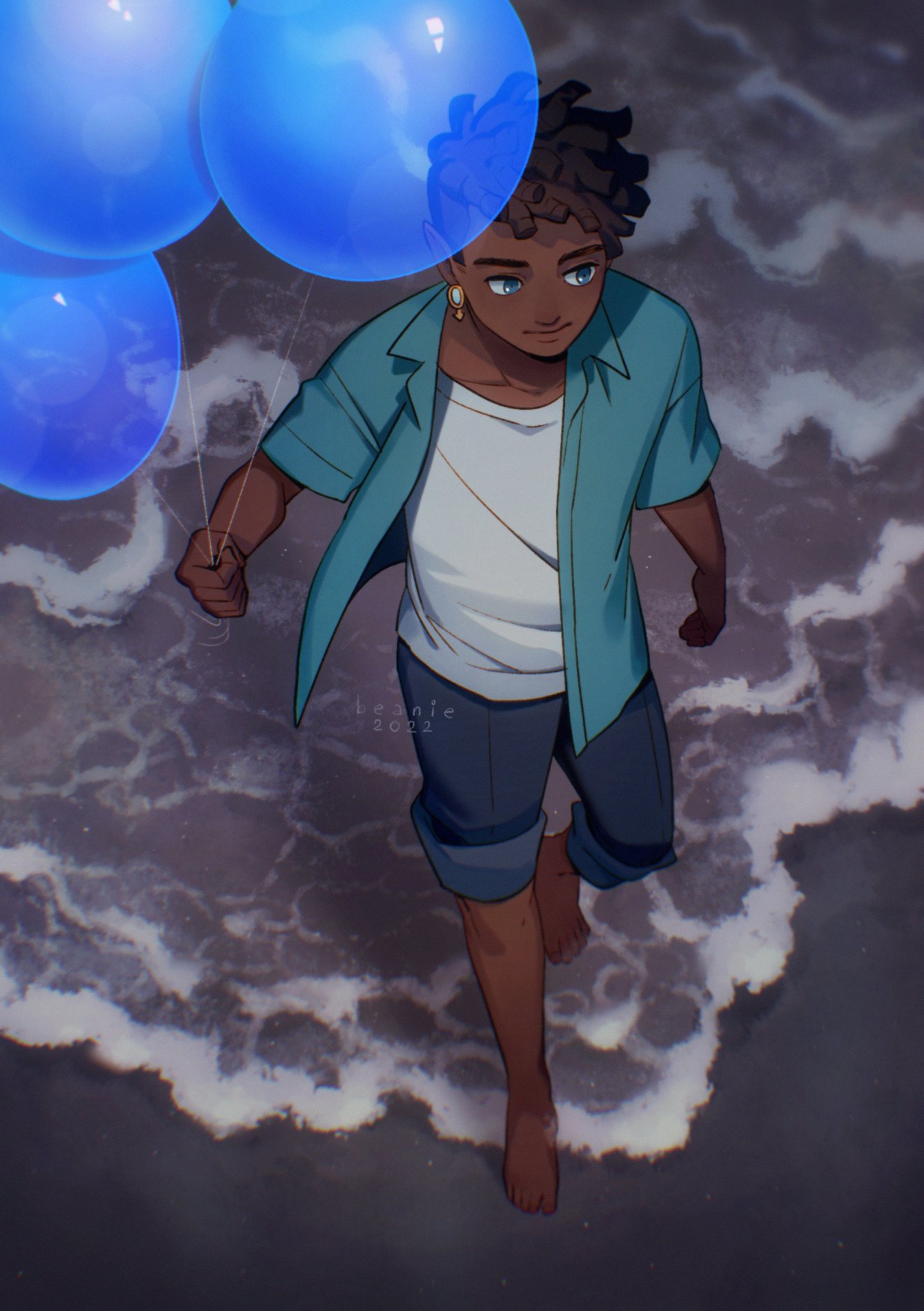 1boy, balloon, barefoot, beaniewinnie96, blue_eyes, dark-skinned_male, dark_skin, denim