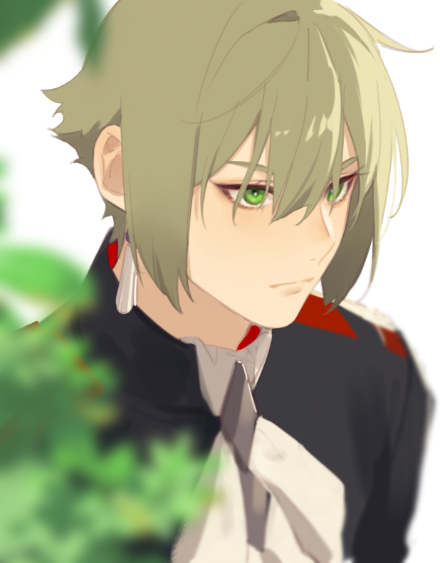 1boy, ascot, black_jacket, blonde_hair, blurry, blurry_foreground, closed_mouth, earrings