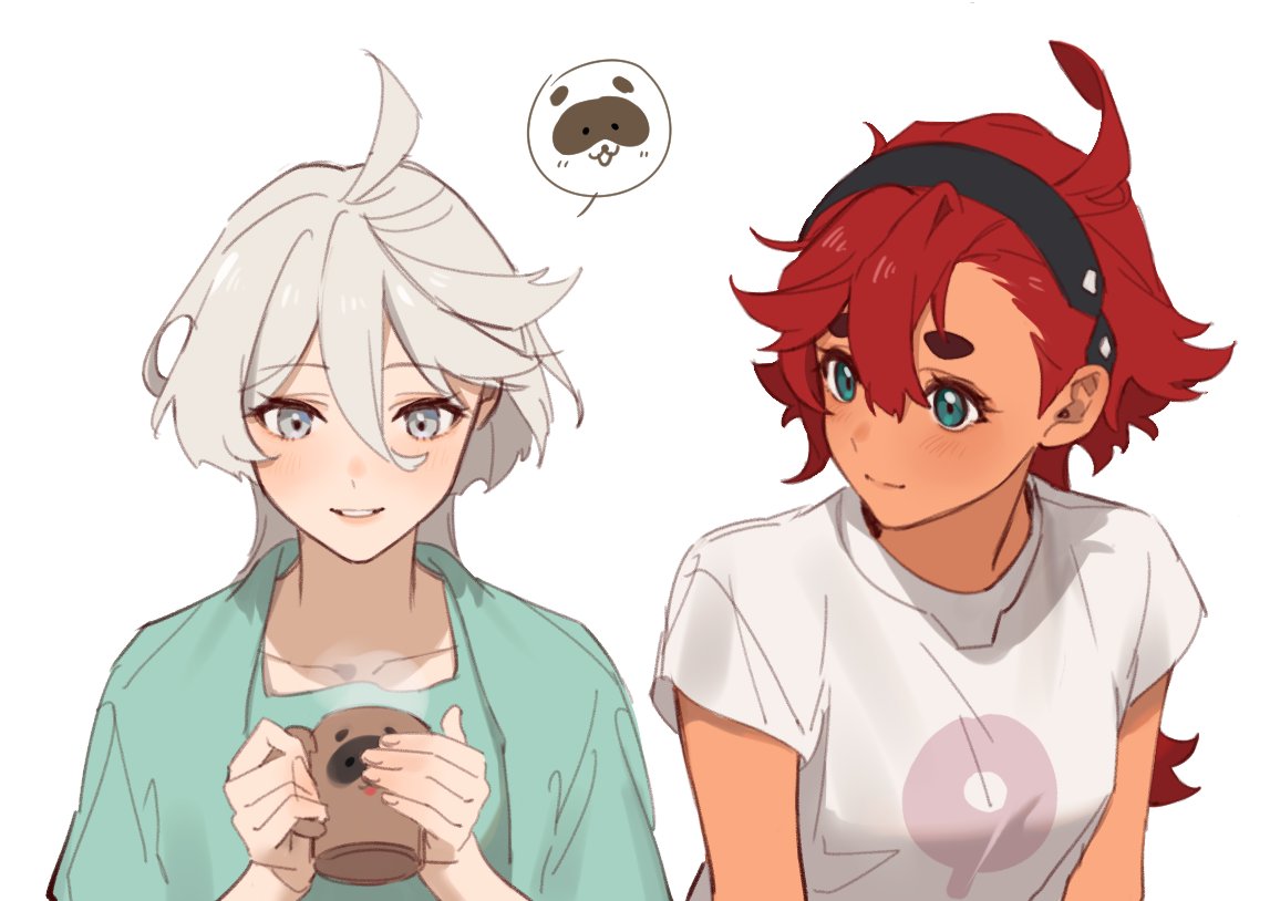 2girls, ahoge, aqua_shirt, black_hair, blue_eyes, breasts, casual, cup, grey_eyes, grey_hair, gundam, gundam_suisei_no_majo, hair_between_eyes, holding, holding_cup, looking_at_another, medium_breasts, miorine_rembran, multiple_girls, nokhong_y, pale_skin, parted_lips, print_shirt, redhead, shirt, short_hair_with_long_locks, smile, suletta_mercury, t-shirt, thick_eyebrows, upper_body, white_background, white_shirt