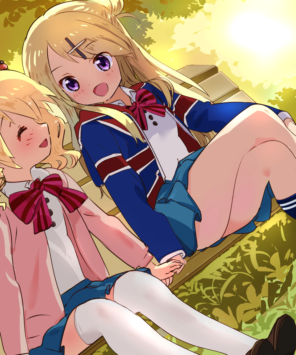 2girls, 3kstqeut96knl2c, alice_cartelet, bench, blonde_hair, blue_skirt, bow, bowtie, flag_print, hair_bun, hair_ornament, hairclip, highres, kin-iro_mosaic, kujou_karen, loafers, lone_nape_hair, long_hair, multiple_girls, pleated_skirt, shoes, single_hair_bun, single_side_bun, skirt, striped, striped_bow, striped_bowtie, thigh-highs, twintails, union_jack, violet_eyes, white_thighhighs