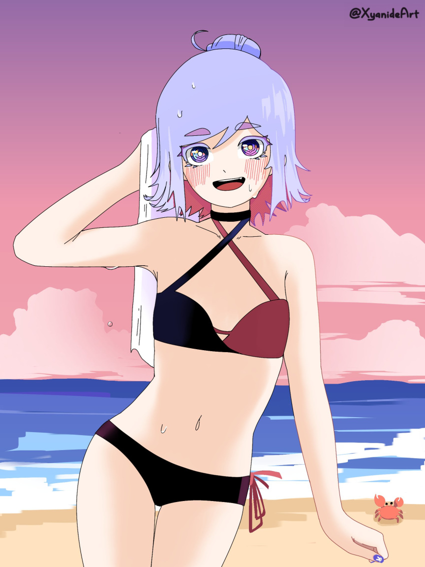 1girl, bangs, beach, blush, colored_eyelashes, crab, hair_bun, heterochromia