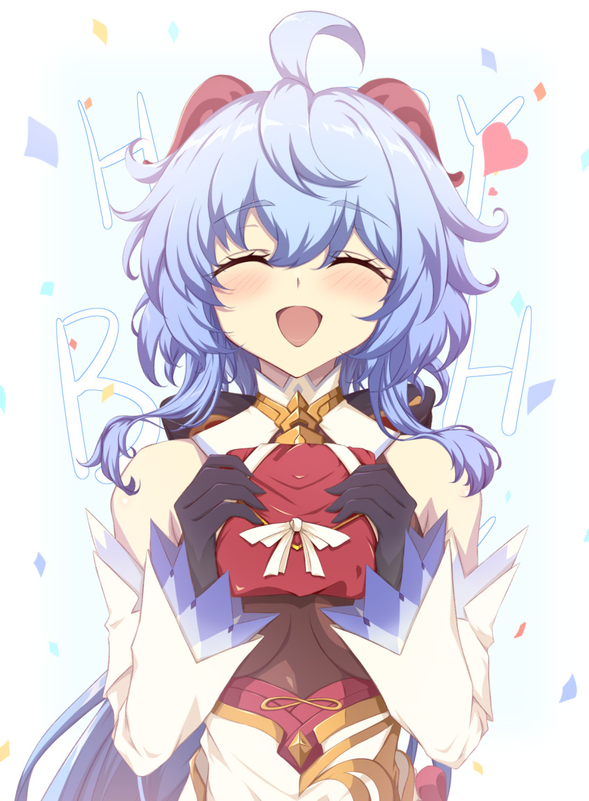 1girl, ahoge, asahiru_ban, bangs, bare_shoulders, bell, blue_hair, blush