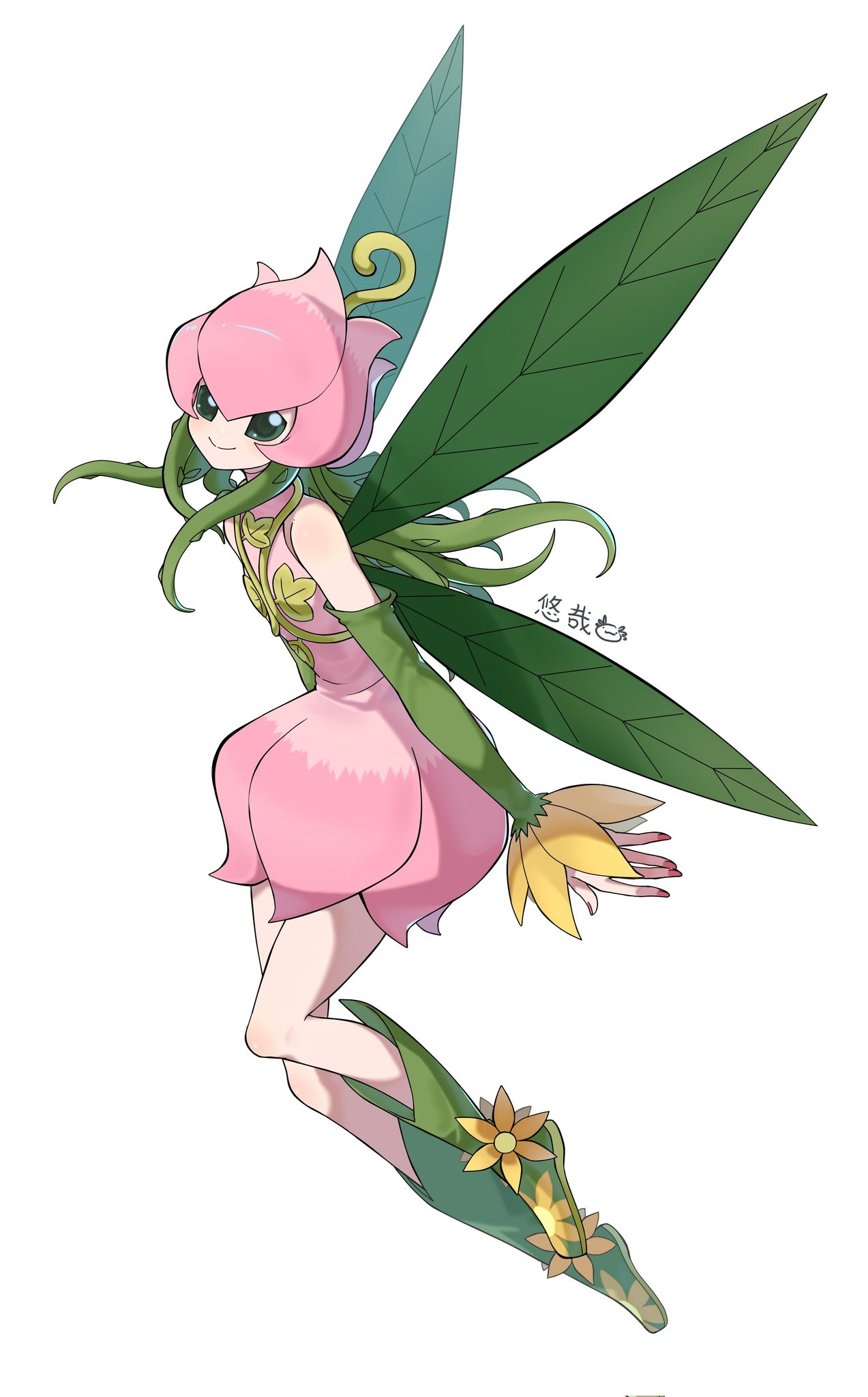 1girl, bangs, bare_shoulders, detached_sleeves, digimon, digimon_(creature), dress, from_side