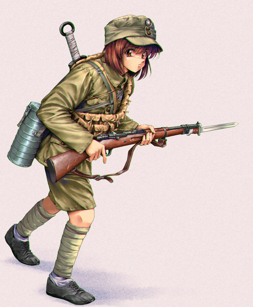 1girl, absurdres, alternate_costume, bayonet, black_footwear, bolt_action, brown_eyes, brown_hair