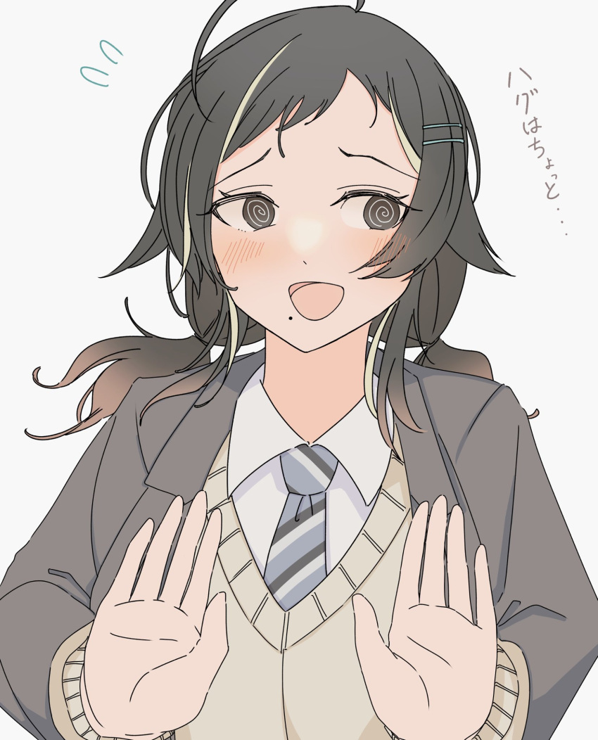 1girl, @_@, ahoge, bangs, black_hair, black_jacket, blazer, blonde_hair