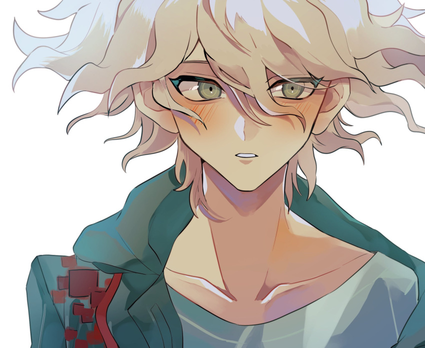 1boy, bangs, blush, collarbone, danganronpa_(series), danganronpa_2:_goodbye_despair, green_jacket, grey_background