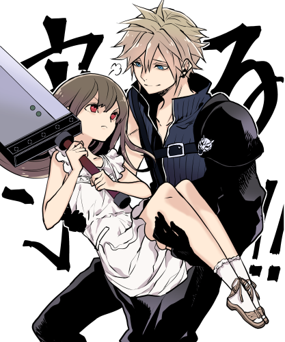 !, !!, 1boy, 1girl, age_difference, aged_down, armor, belt, belt_buckle, black_gloves, black_pants, blonde_hair, blue_eyes, brown_hair, buckle, buster_sword, carrying, closed_mouth, cloud_strife, collarbone, dress, earrings, female_child, final_fantasy, final_fantasy_vii, final_fantasy_vii_advent_children, final_fantasy_vii_remake, gloves, high_collar, holding, holding_sword, holding_weapon, jewelry, long_hair, looking_at_another, lowres, mono0805, pants, princess_carry, red_eyes, sandals, shoulder_armor, single_sleeve, socks, spiky_hair, sword, tifa_lockhart, weapon, white_background, white_dress, white_socks