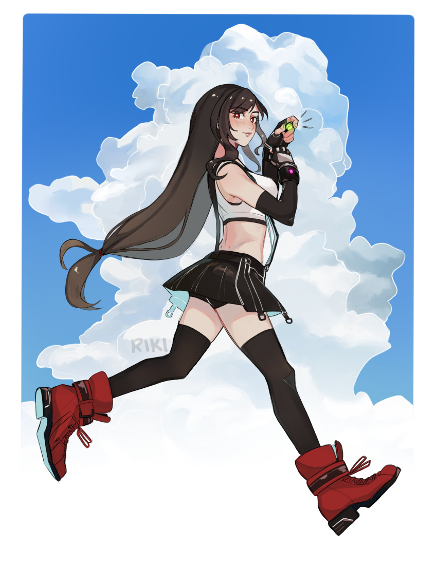 1girl, absurdres, bangs, bare_shoulders, bike_shorts, bike_shorts_under_skirt, black_gloves, black_hair, black_legwear, black_skirt, black_thighhighs, blue_sky, blush, boots, breasts, brown_hair, closed_mouth, clouds, cloudy_sky, crop_top, elbow_gloves, english_commentary, female, final_fantasy, final_fantasy_vii, final_fantasy_vii_remake, fingerless_gloves, from_side, full_body, gloves, hands_up, highres, holding, large_breasts, lips, long_hair, looking_at_viewer, low-tied_long_hair, red_eyes, red_footwear, rikikitty, skirt, sky, solo, suspender_skirt, suspenders, tank_top, thigh-highs, tifa_lockhart, undershirt, walking, white_tank_top