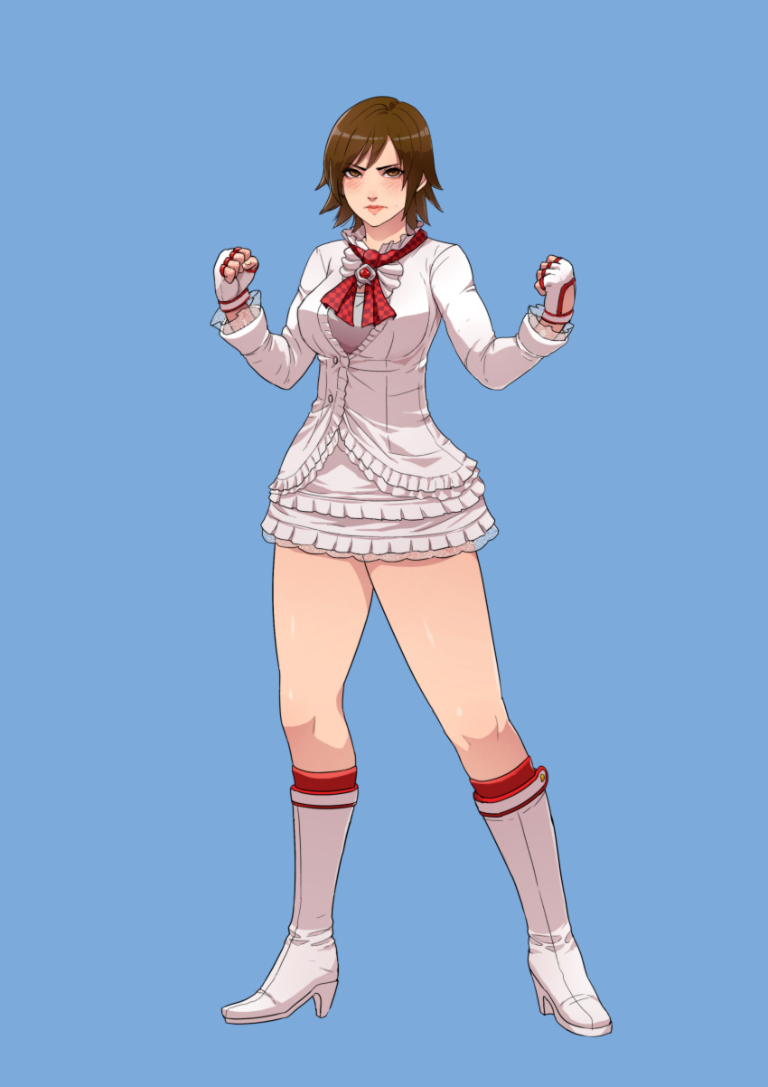 1girl, absurdres, alternate_costume, blue_background, boots, bow, bowtie, breasts