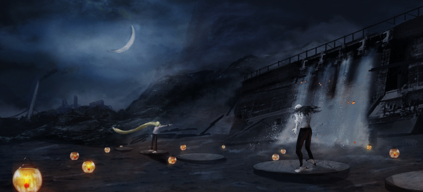 2boys, absurdres, bestial_choujin, black_pants, cape, choujin_x, covered_face, crescent