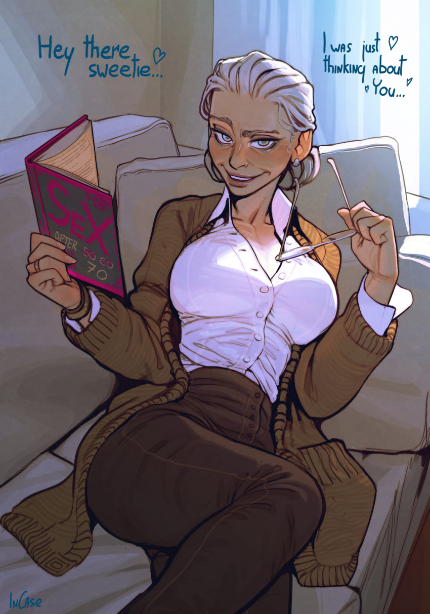 1girl, backlighting, book, bracelet, breasts, breasts_apart, brown_cardigan, brown_pants
