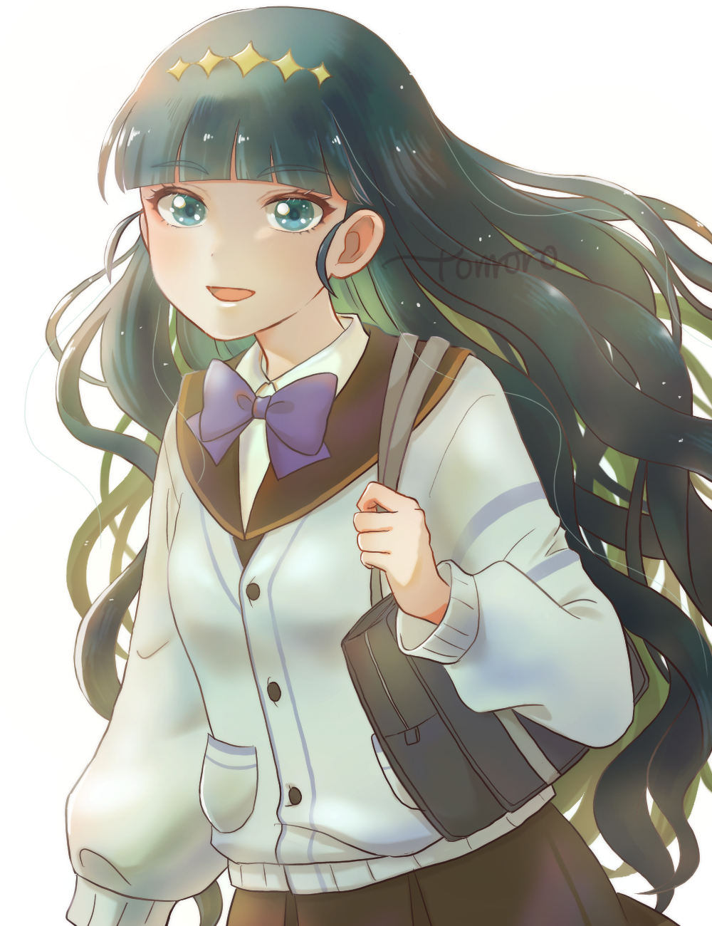 1girl, bag, bangs, black_hair, blue_eyes, blunt_bangs, bow, cardigan