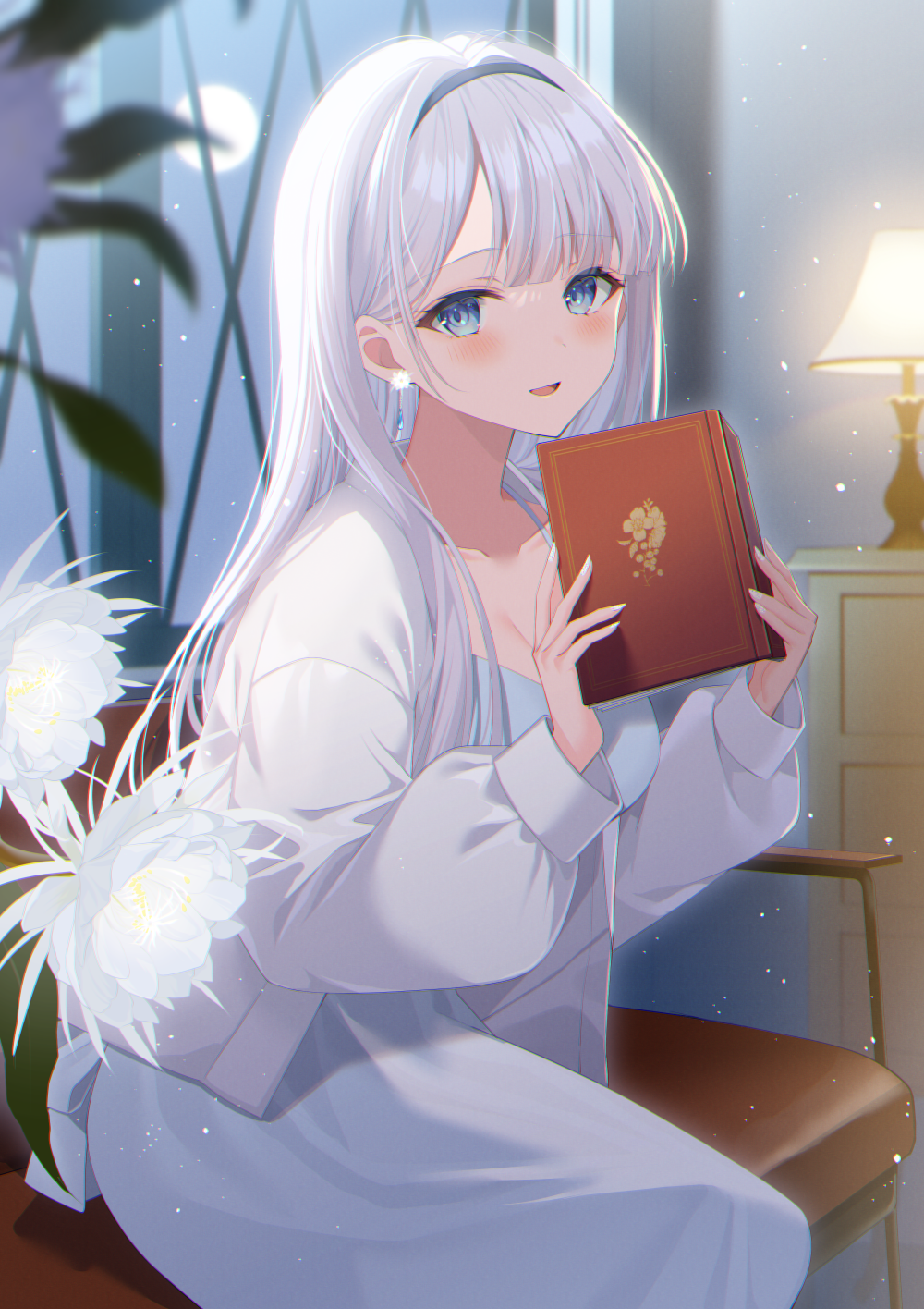 1girl, :d, black_hairband, blue_dress, blue_eyes, blush, book, commentary_request, dress, epiphyllum, flower, full_moon, grey_hair, hairband, hands_up, highres, holding, holding_book, indoors, jacket, long_hair, long_sleeves, looking_at_viewer, moon, myusha, night, night_sky, open_clothes, open_jacket, original, puffy_long_sleeves, puffy_sleeves, sky, smile, solo, very_long_hair, white_flower, white_jacket, window