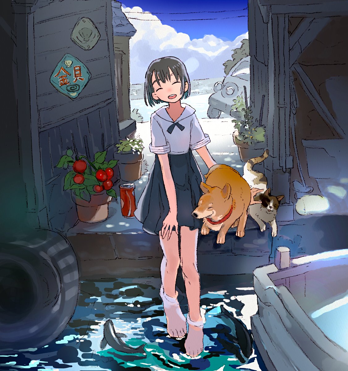 1girl, building, can, car, cat, closed_eyes, cola, dog, fish, flower_pot, ground_vehicle, highres, motor_vehicle, open_mouth, original, outdoors, pleated_skirt, school_uniform, serafuku, shirt, short_sleeves, sitting, skirt, sky, smile, soaking_feet, solo, takaichi_(tkch), water, white_shirt