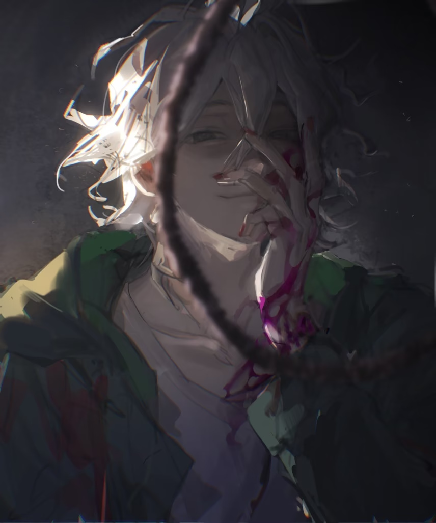 1boy, bangs, blood, blood_on_hands, closed_mouth, collarbone, danganronpa_(series), danganronpa_2:_goodbye_despair