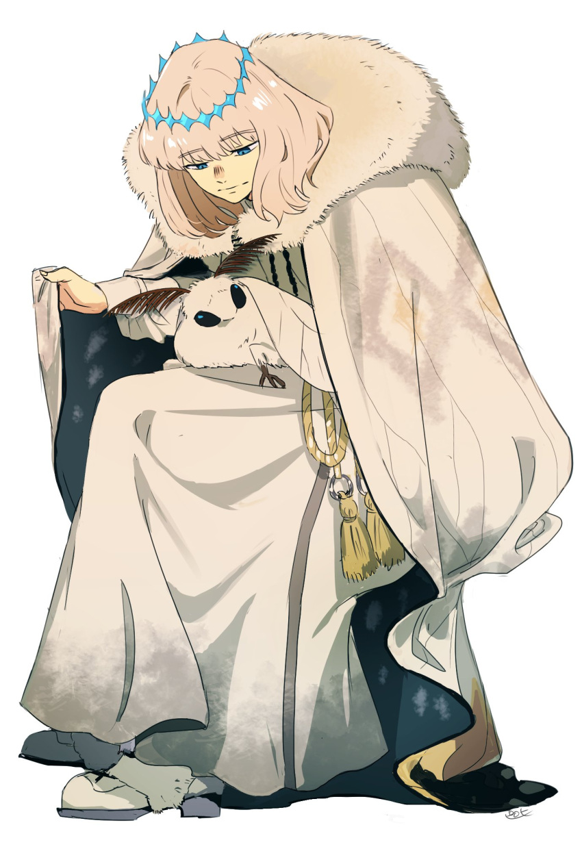 1boy, bangs, blanca_(fate), blue_eyes, bug, cloak, closed_mouth, crown, diamond_hairband, expressionless, fate/grand_order, fate_(series), frilled_sleeves, frills, full_body, fur_collar, fur_trim, highres, invisible_chair, juliet_sleeves, long_sleeves, looking_at_another, medium_hair, moth, no_wings, oberon_(fate), official_alternate_costume, pirohi_(pirohi214), puffy_sleeves, shiny, shiny_hair, shirt, simple_background, sitting, solo, tassel, white_background, white_cloak, white_footwear, white_hair
