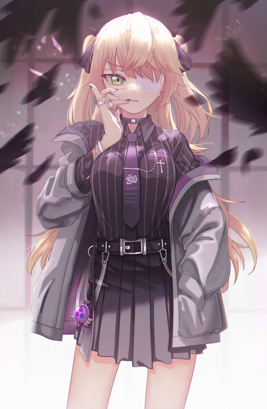 1girl, absurdres, belt, belt_buckle, bird, black_choker, black_feathers, blonde_hair